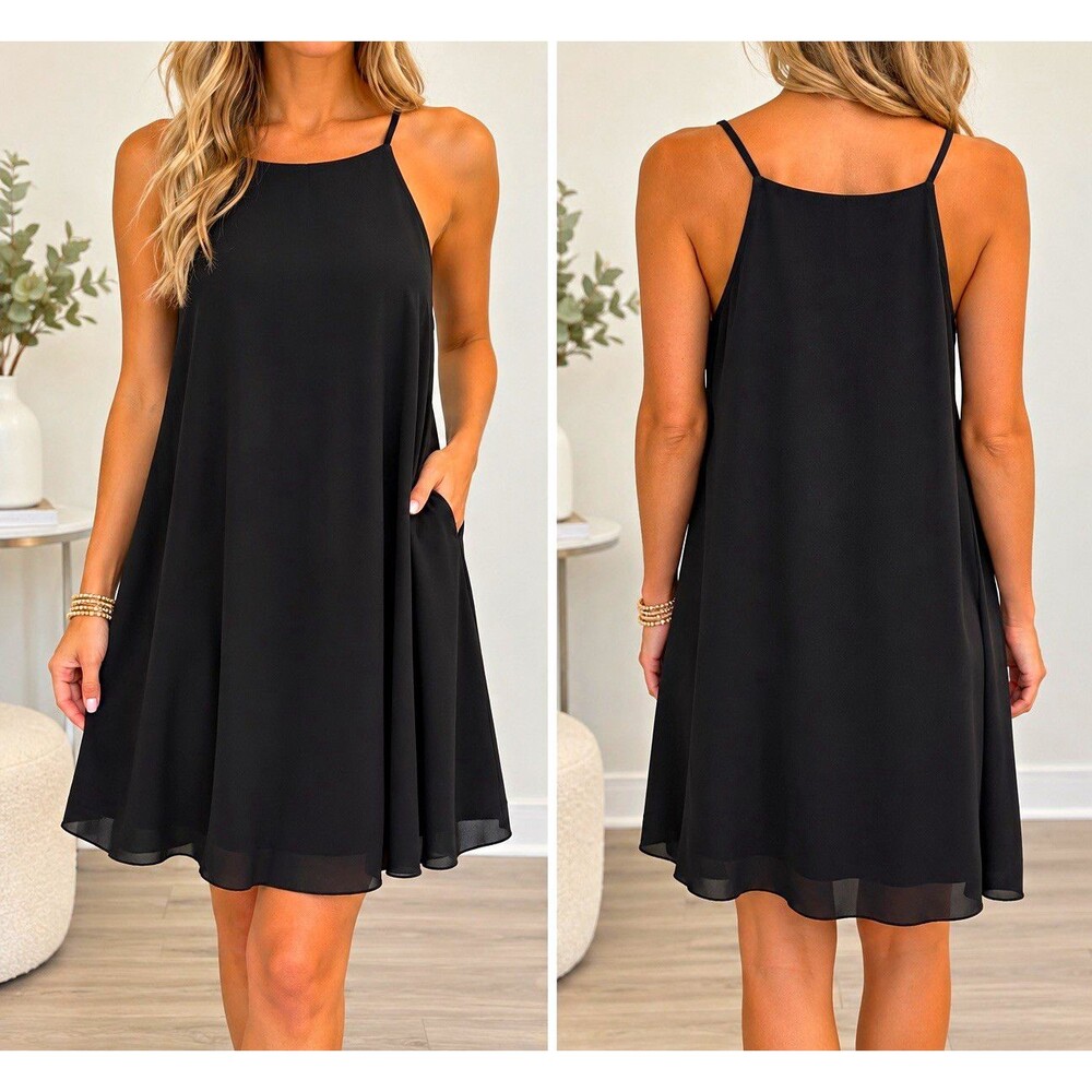 Pink Rose XL Women Black Chiffon A-Line Dress Scoop Neck Spaghetti Strap